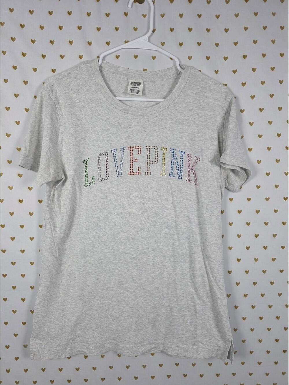 Victorias Secret PINK Love BLING Studded Rainbow Logo tee shirt SMALL